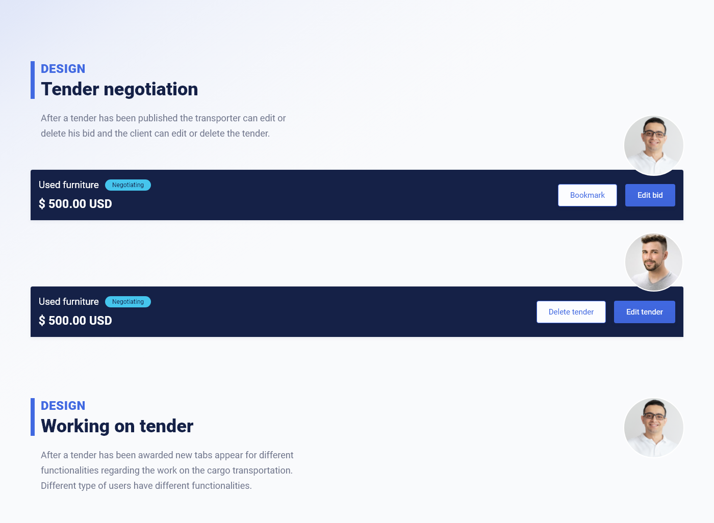 tender negotiation screen different statuses depending on the progress