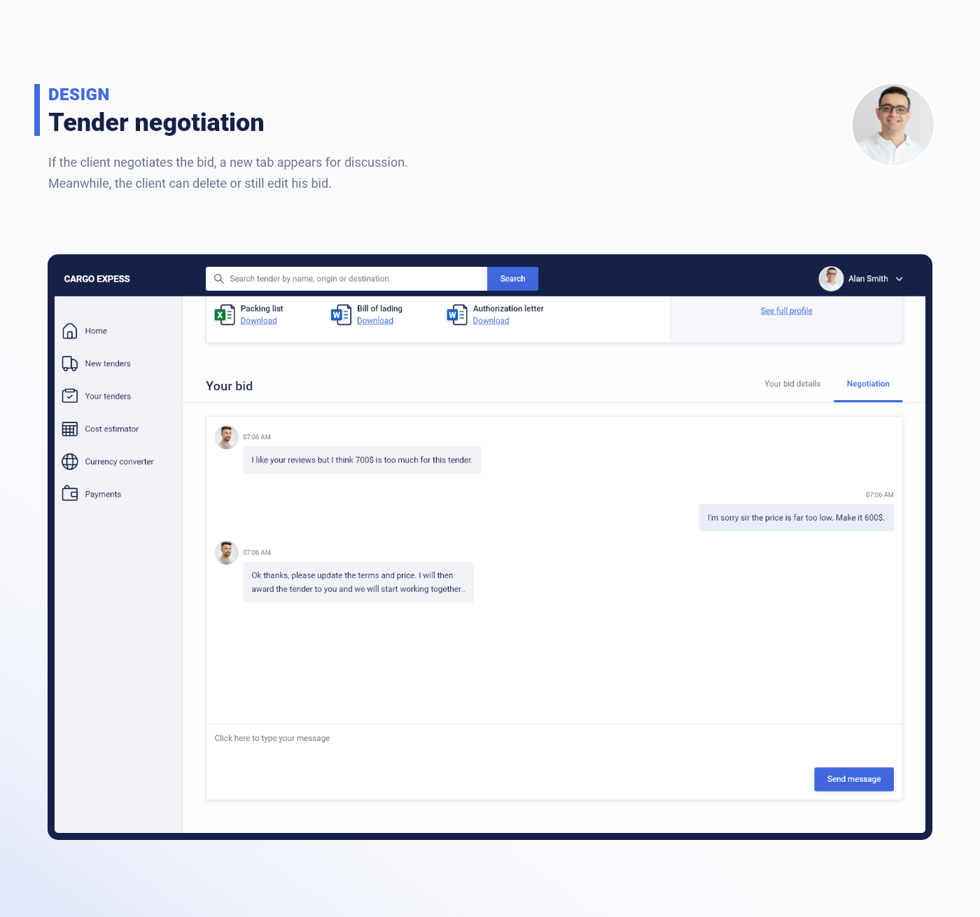 tender negotiation screen design
