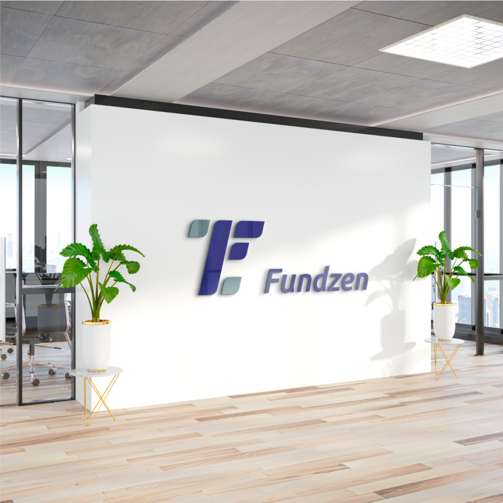mock up of an office room with the logo of Fundzen on the wall